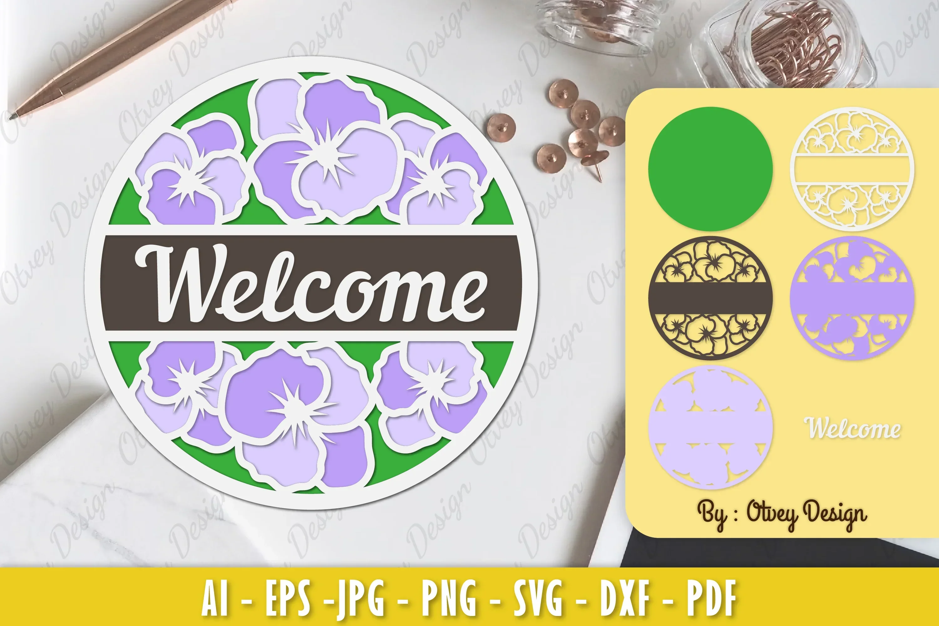 Pansy Flower Welcome Sign Layered Lasercut SVG Bundle