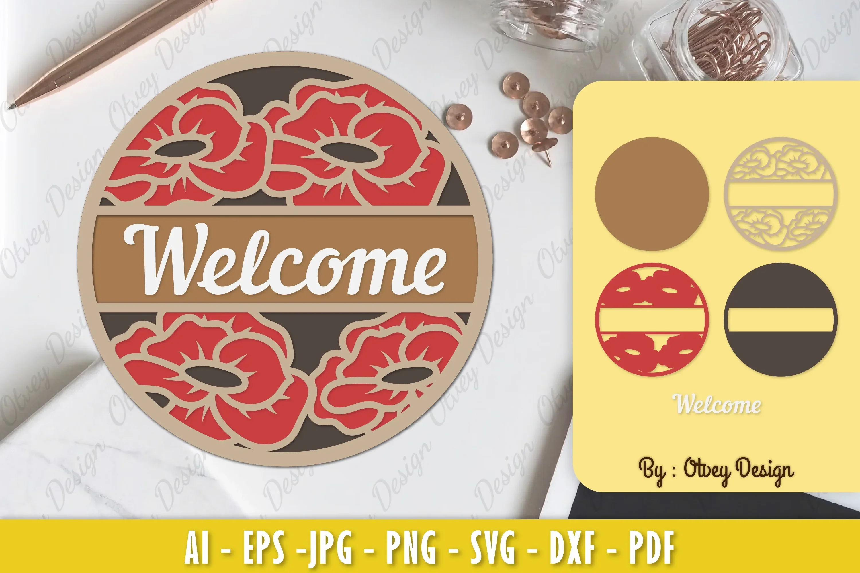 Poppy Flower Welcome Sign Layered Lasercut SVG Bundle