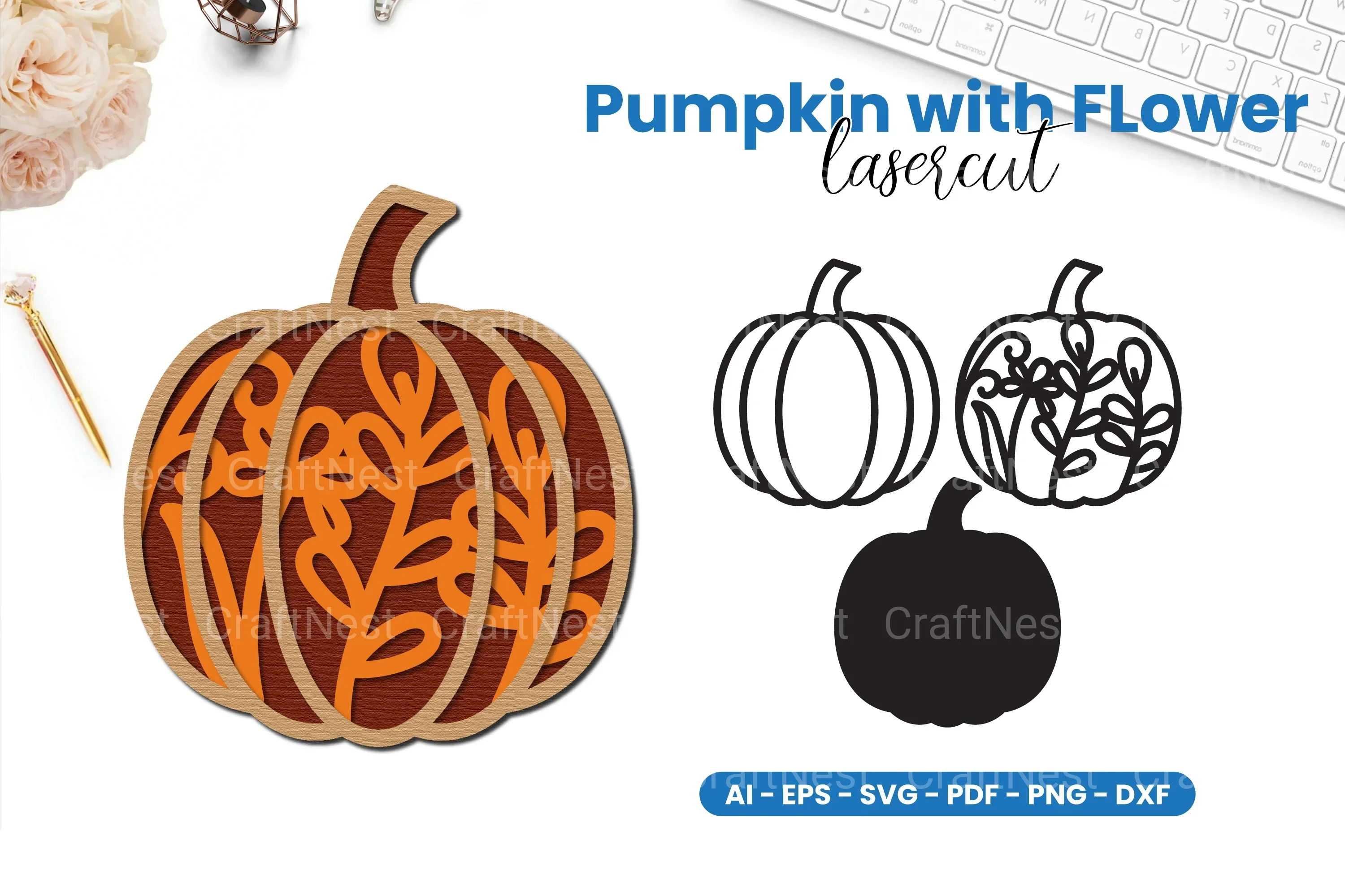 Pumpkin with Flower Lasercut SVG Bundle