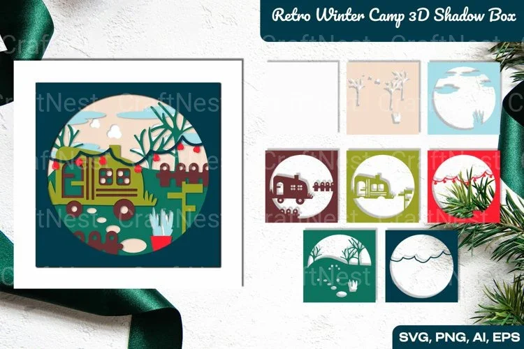 Retro Winter Camp 3D Shadow Box SVG Bundle
