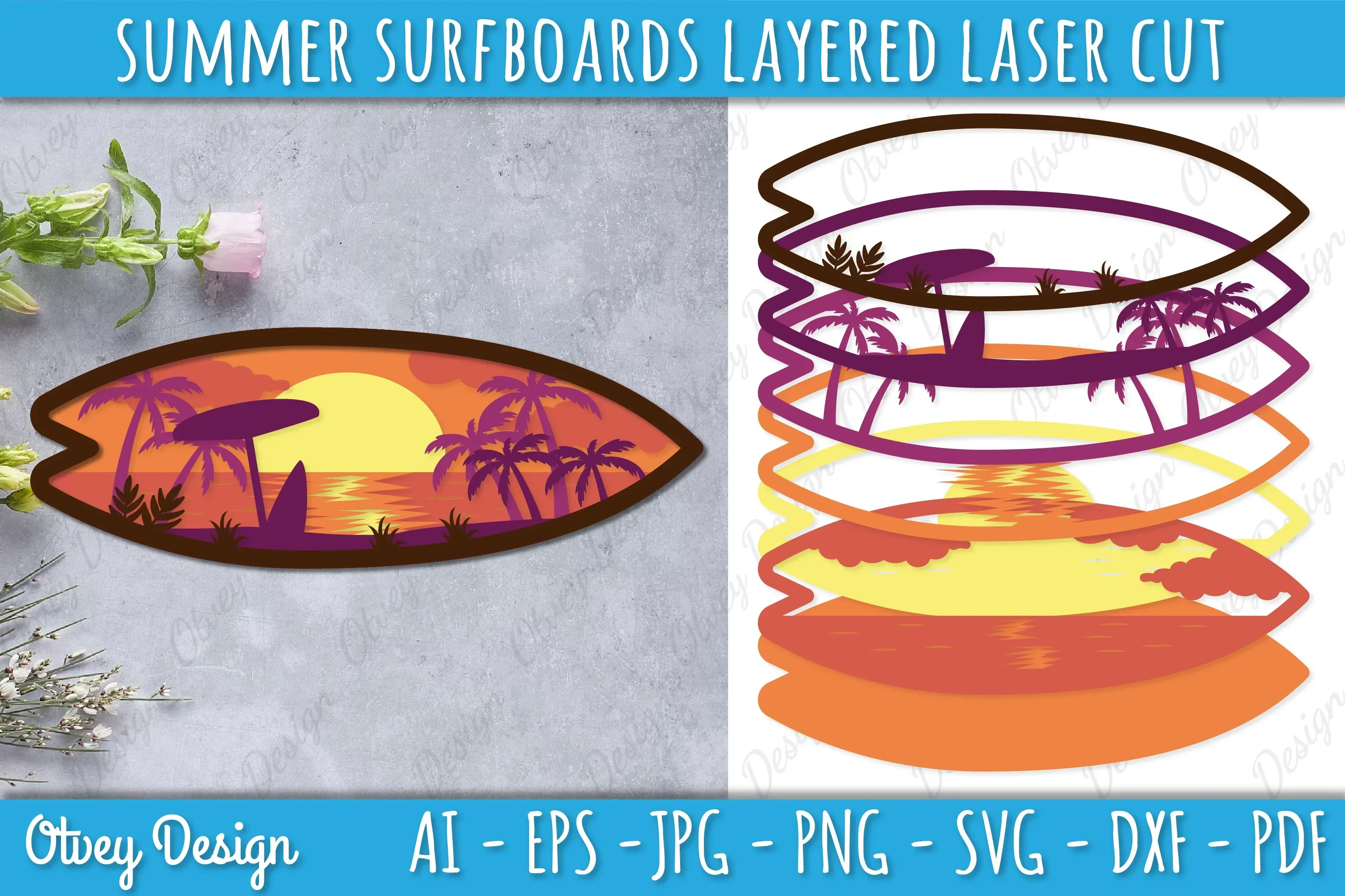 Summer Surfboards Layered Laser Cut SVG Bundle