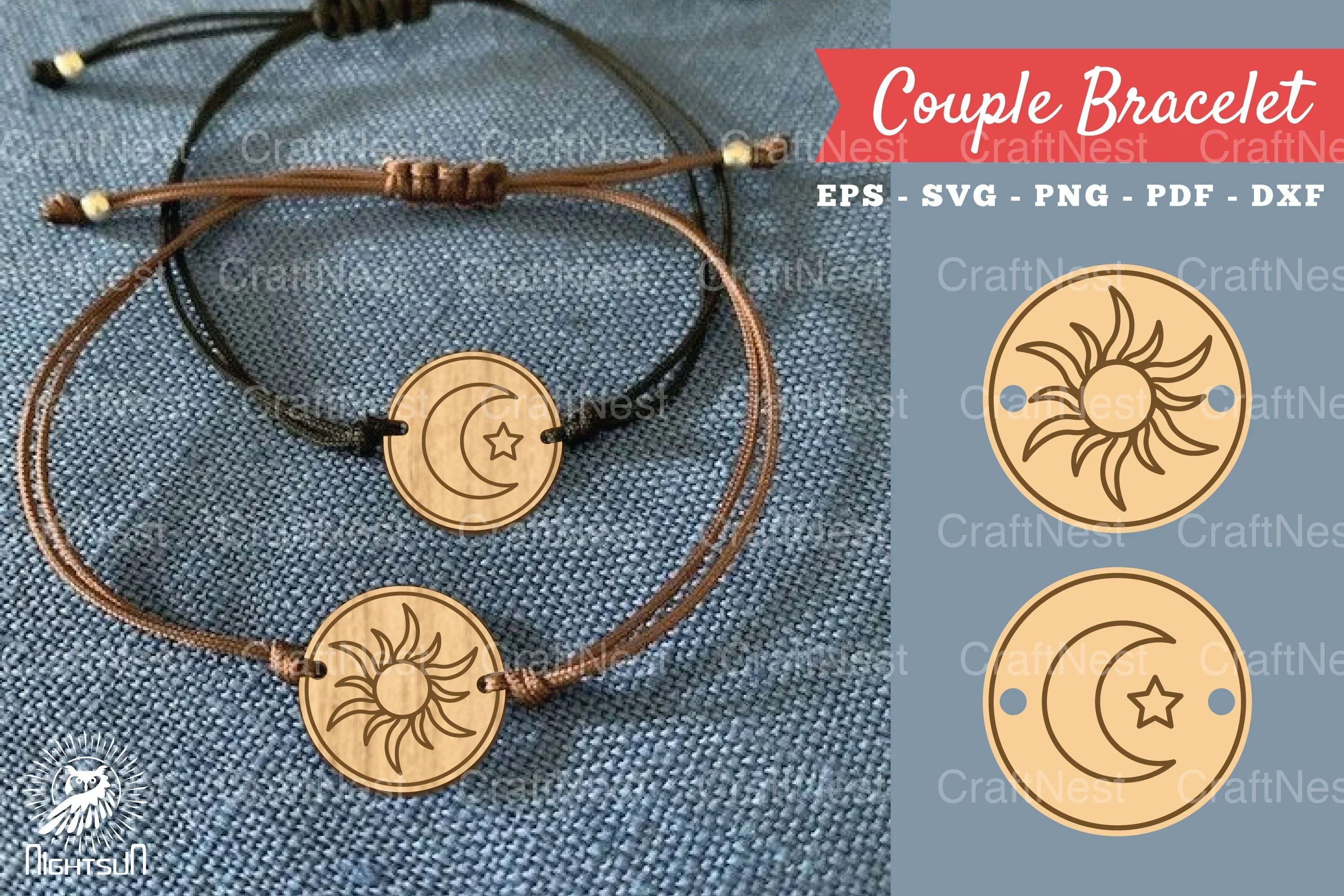 Sun and Moon Laser Cut Couple Bracelet Design Bundle