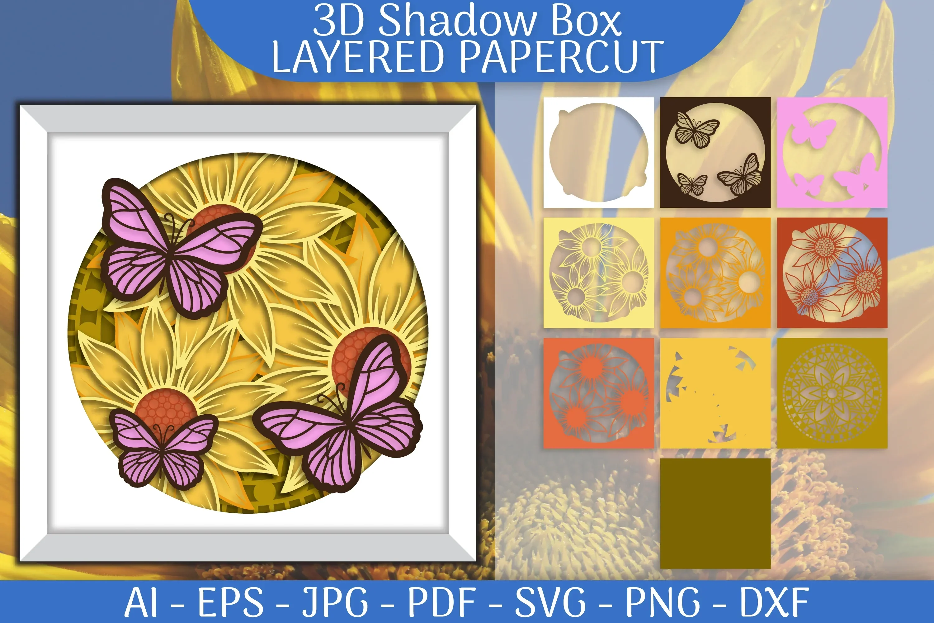 Sunflower Butterfly 3D Shadowbox Papercut SVG Bundle