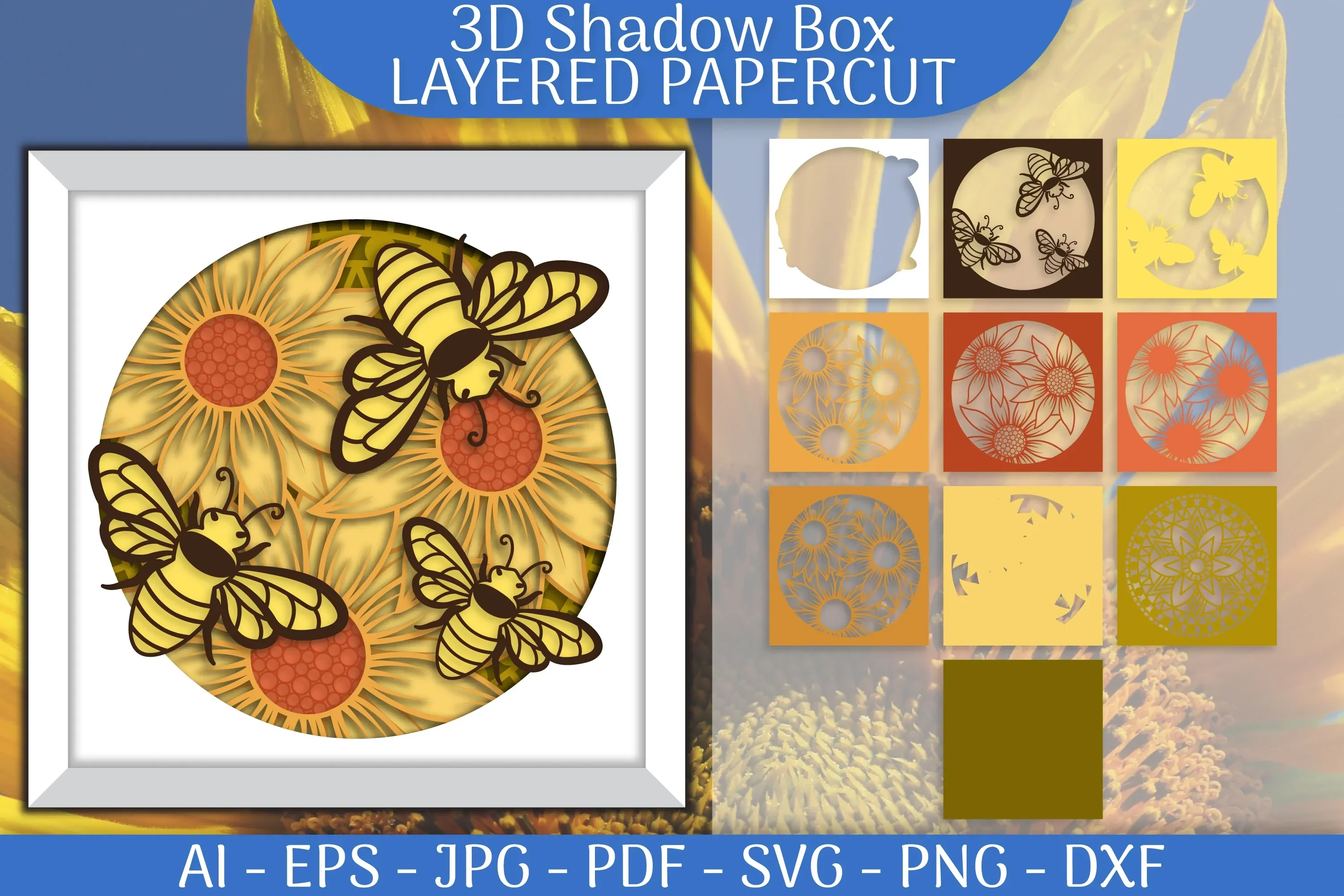 Sunflower with Bee 3D Shadowbox Papercut SVG Bundle