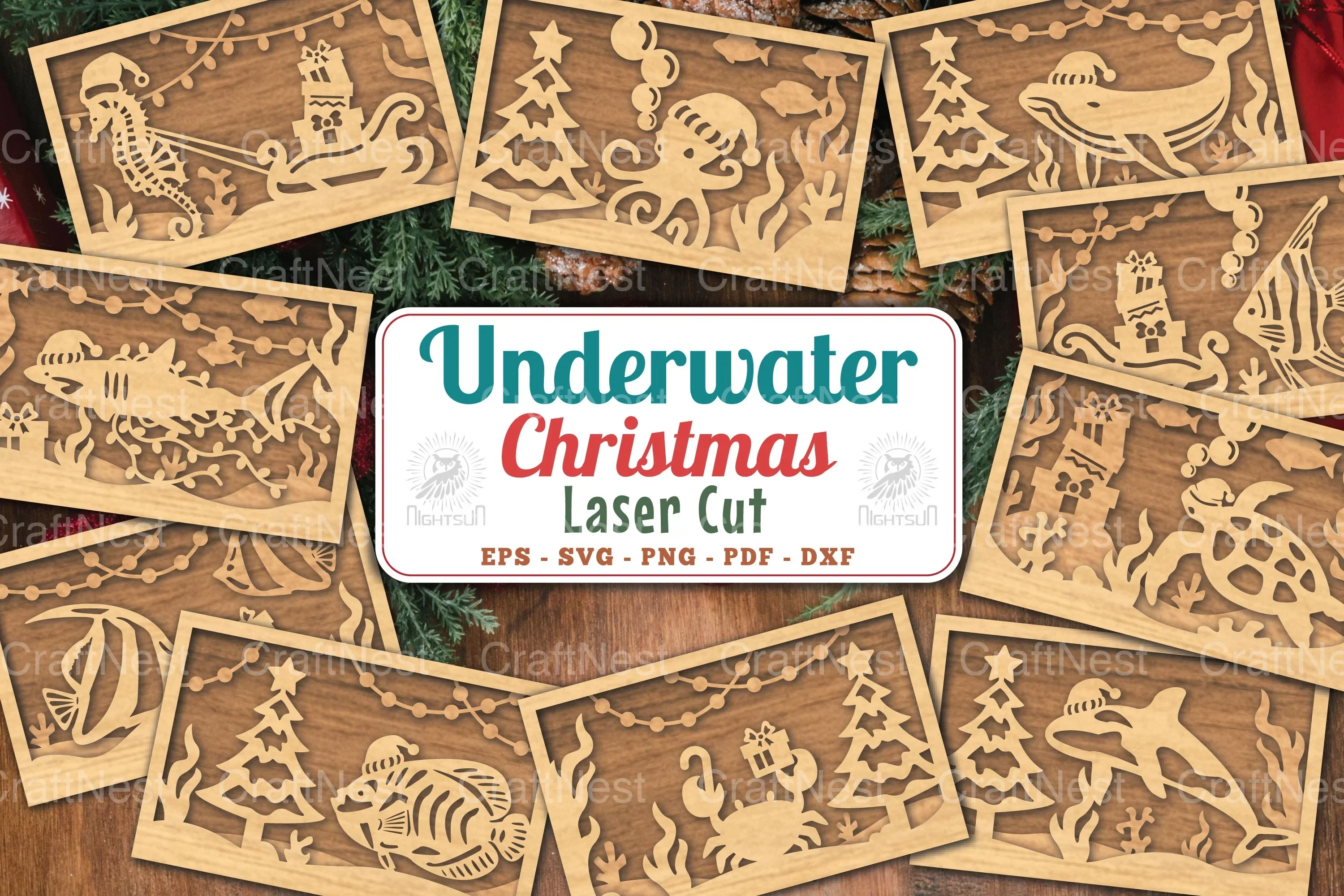 Underwater Christmas Scene Laser Cut Clipart Bundle