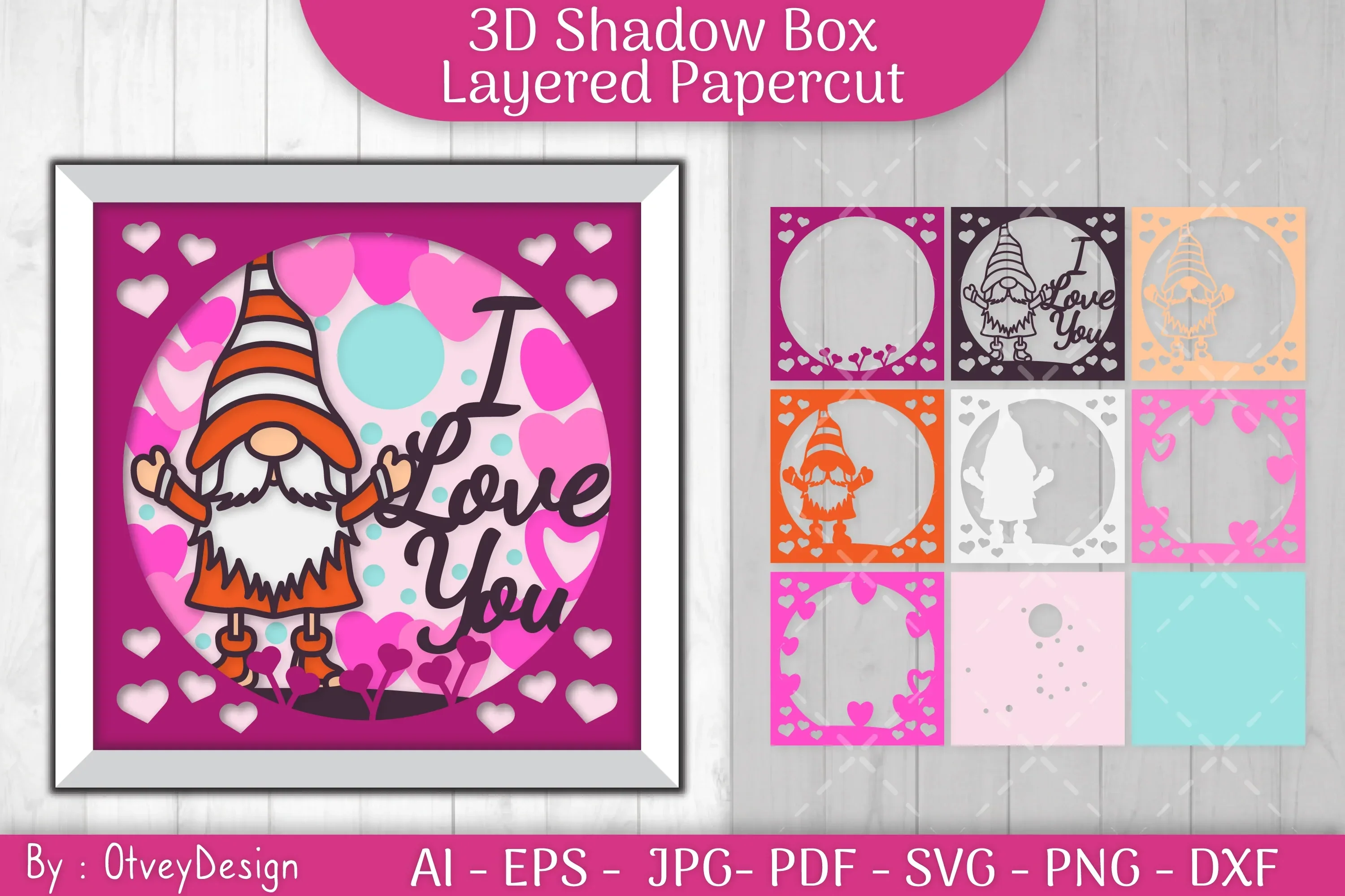 Valentine Gnome Shadow Box SVG Bundle